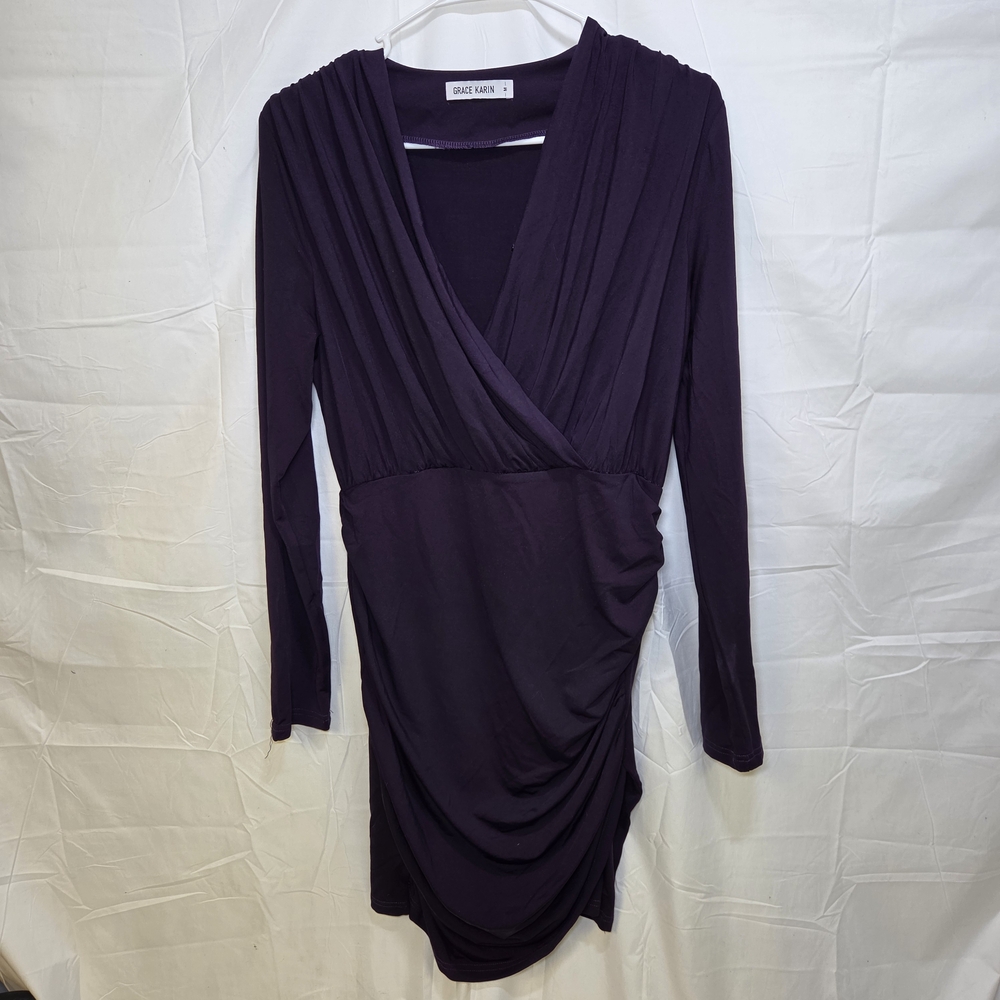 Elegant Purple Wrap Dress Long Sleeve Stretch with Snap V-Neck Size Medium